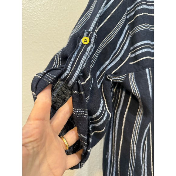 61. ELLEN TRACY $79 Navy Blue White Stripe Linen Blend Top Size L - Picture 6 of 8